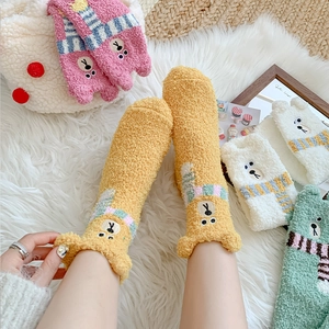 Thick coral fleece socks with 3D bear ears and embroidery in multiple pastel colors