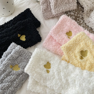 Plush coral fleece socks with gold heart embroidery in five pastel colors