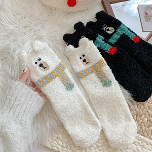 Winter thermal coral fleece socks with 3D bear ears and scarf in black and white colors