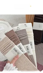 Detail of soft ribbed wool socks in neutral tones with minimalist brand packaging