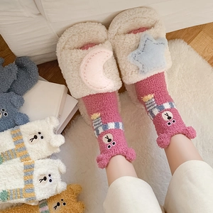 Cozy pink coral fleece socks with 3D bear ears and white plush star moon slippers
