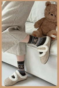 Detail of bear patterned wool socks and plush slippers for cozy winter warmth