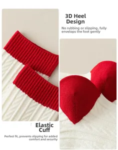 Detail showing red and white cable knit socks with anti-slip heel and elastic cuff