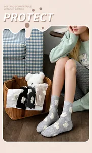 Close-up of rabbit pattern crew socks for women featuring soft fleece and fuzzy texture