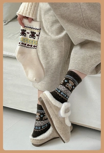 Detailed close-up of wool socks featuring cute bear patterns and cozy knit textures