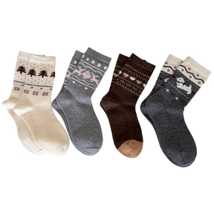 Set of 4 vintage wool crew socks with Fair Isle patterns and cute cartoon puppy designs