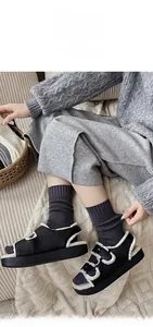 Detail of dark grey ribbed socks paired with plush-lined platform sandals for autumn