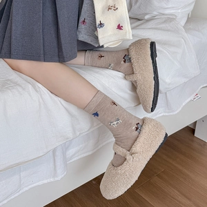 Warm fleece Mary Jane flats in oat white with cute cartoon puppy pattern wool socks