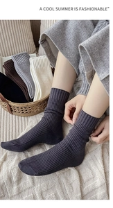 Detailed close-up of dark grey knitted cashmere-like mid-calf socks with vertical ribs