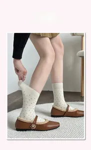Polka dot wool socks paired with fur-lined Mary Jane shoes for a cozy winter look