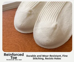 Detail of reinforced sock head with fine stitching on white ribbed cotton socks