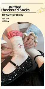 Detail of white cotton sock with red gingham ruffle lace and cute puppy embroidery