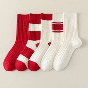 Women Mid Calf Socks Viscose Blend Thick Warm Cable Knit Red White Striped Festive New Year Christmas Daily Fashion