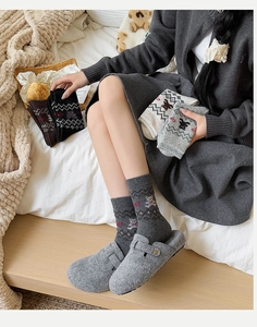 Detailansicht der Damen-Wollsocken mit süßem Bärenmuster und Fair-Isle-Jacquard-Strickgewebe