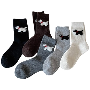 Chaussettes en laine pour femmes avec broderie de chien mignon en cinq couleurs assorties
