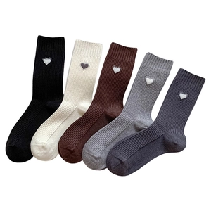 Five-pack set of ribbed crew socks in neutral colors with white heart embroidery details