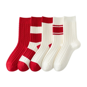5-pack red and white striped warm thermal knit crew socks for winter season