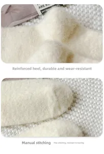 Detailed macro view of the reinforced heel and toe on thick white plush thermal socks
