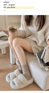 Cozy ivory plush house slippers with double straps and brown cable knit thermal socks