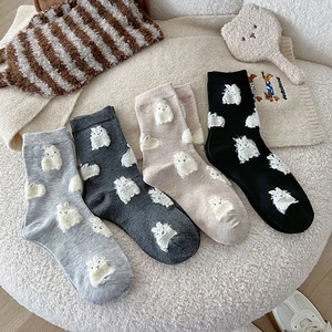 Women Crew Socks Stereo Flocked Rabbit Pattern Cute Preppy Style Autumn Winter Warm Cotton Blend Mid-Tube Socks For Daily