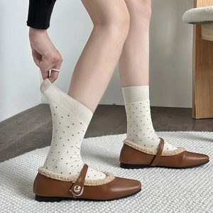 Maillard style wool polka dot socks paired with plush trim brown Mary Jane shoes