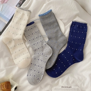 Women Japanese Style Wool Blend Mid-Calf Socks Thick Warm Floral Pattern Ruffle Edge Crew Socks Fashion Accessory