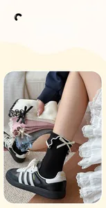 Detailed macro view of ruffled lace edges and delicate silk bows on crew socks