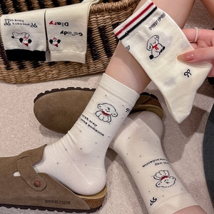 Women Crew Socks Combed Cotton Cartoon Dog Bowknot Pattern Breathable Kawaii Mid Tube Casual Hosiery Japanese Style