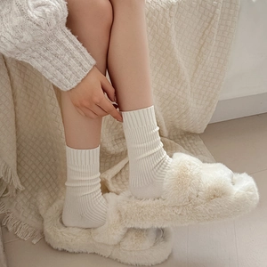 Warm cream white plush cross strap slippers with matching ribbed knit mid-tube socks