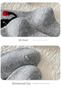 Makrodetail der verstärkten Ferse und Zehennaht an grauen Cartoon-Wollsocken
