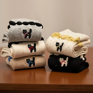 Cute cat embroidery socks with bow tie detail and wave lace trim in mixed colors