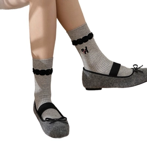 Grey knit mid-tube socks with cute cat embroidery, black lace trim and bow accents