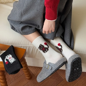 Süße Cartoon-Katzen-Socken aus Wollmischung für den Winter in Creme und Schwarz