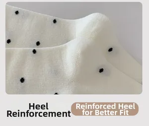 Close-up of reinforced heel on white knit socks with classic black polka dot pattern
