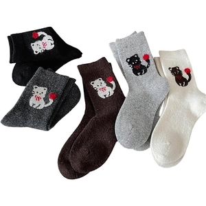 Niedliche Cartoon Katzen Wollmischung Thermo Socken in fünf neutralen Farben
