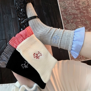 Women Crew Socks Cotton Gingham Ruffle Trim Dog Embroidery Sweet Kawaii Style Breathable Ribbed Knit Fashion