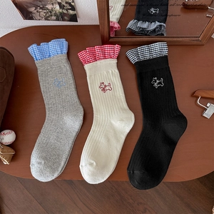 Three pairs of cute dog embroidery cotton mid-calf socks with floral plaid ruffle cuffs