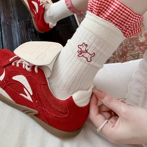Onitsuka Tiger red and white retro sneakers with cute embroidered puppy socks