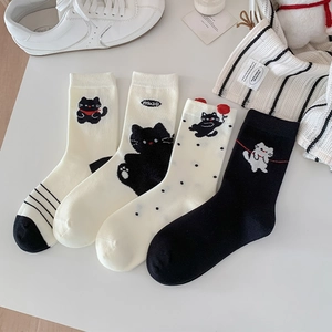 Women Mid-Calf Socks Cotton Blend Cartoon Cat Embroidery Breathable Soft Casual Korean Style Daily Wear Fashion