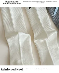 Detail view of reinforced toe and heel on white ribbed knit socks for durability