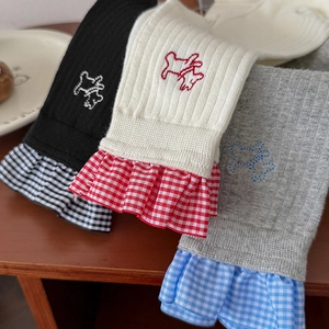 Three pairs of cotton crew socks with gingham ruffled edges and cute dog embroidery