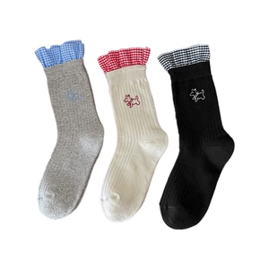 Three-pack of cute embroidered puppy crew socks with stylish checkered ruffle edges