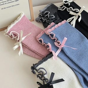 Bow-knot ruffle trim ribbed crew socks in various colors like pink, blue and grey