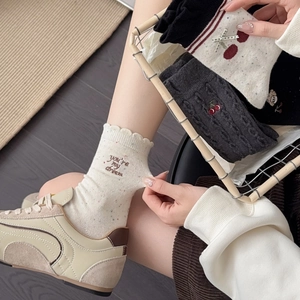 Japanese style wool socks for women with cute cherry embroidery and bow details