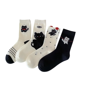Cute cartoon cat mid-calf socks set in white and black with miao embroidery