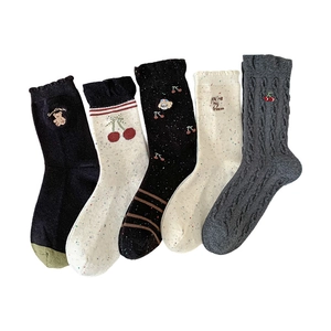 5-pack women's wool blend crew socks with cute cherry embroidery and cable knit textures