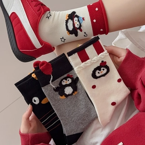 Cartoon Penguin Mid Calf Socks Cotton Blend Embroidered Animal Pattern Striped Polka Dot Warm Breathable For Women