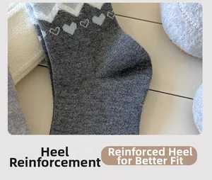 Detail of reinforced heel on gray cashmere-like socks with cute blue heart pattern