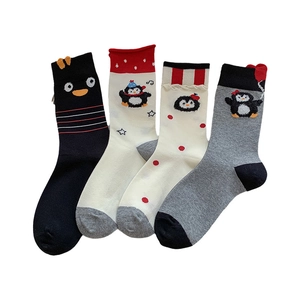 Cute cartoon penguin socks for women in black, white, and grey cotton blend mid-calf style