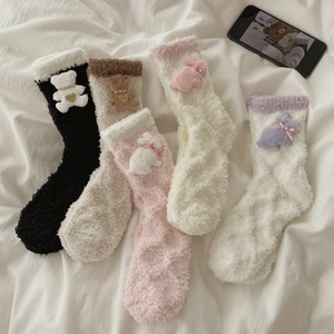 Women Coral Fleece Sleeping Socks Thick Warm Winter Home Indoor Mid Calf Sweet Plush Animal Rabbit Bear Decor